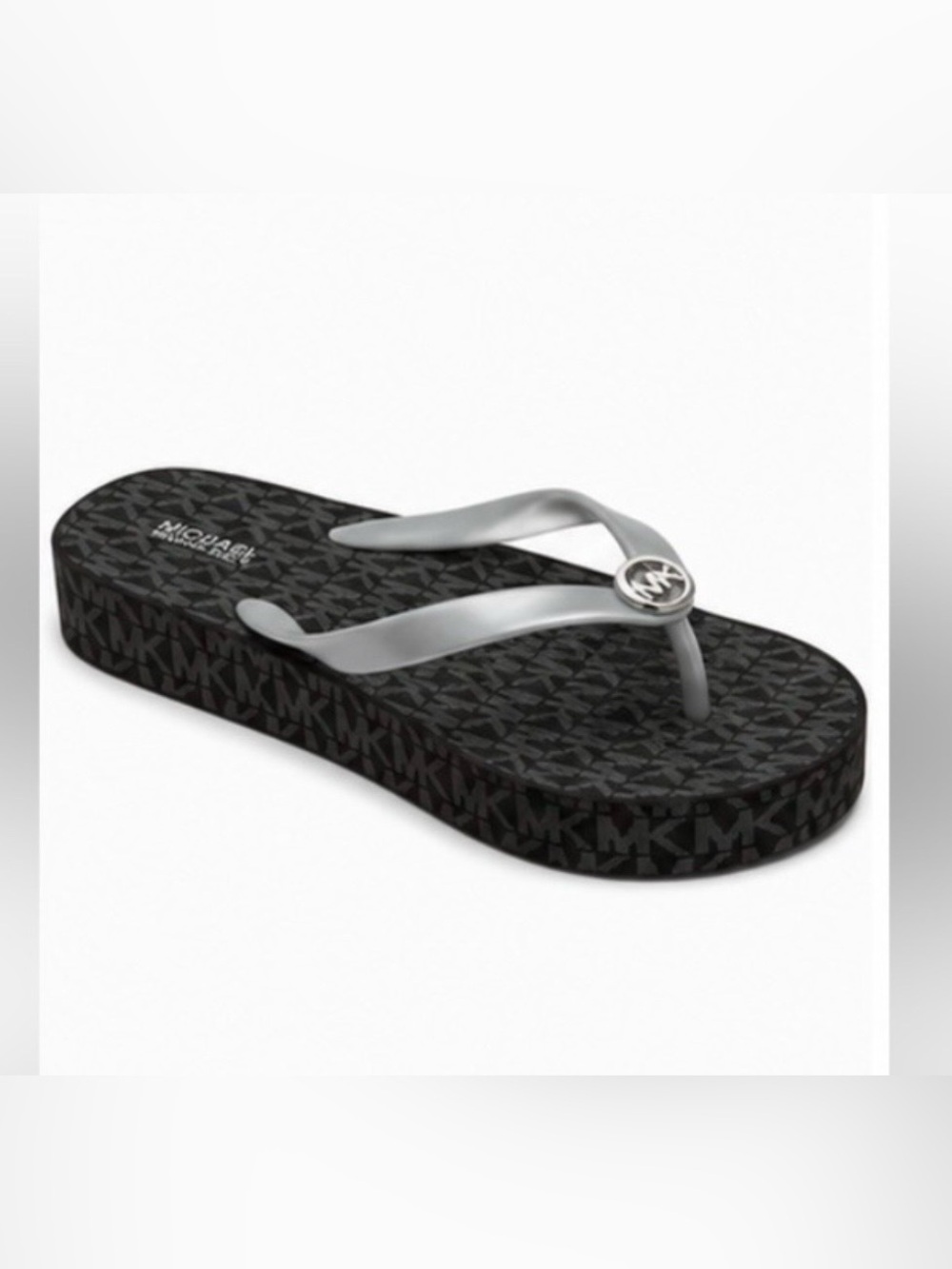 Michael Kors MK Logo Platform Flip Flop Black Silver NWOT size 8M
